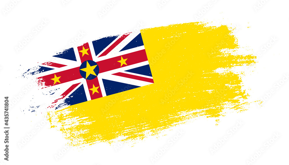 Flag of Niue country on brush paint stroke trail view. Elegant texture of national country flag