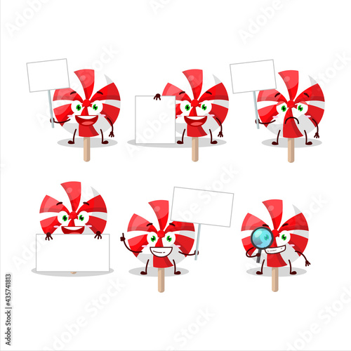 Red white peppermint lolipop cartoon character bring information board