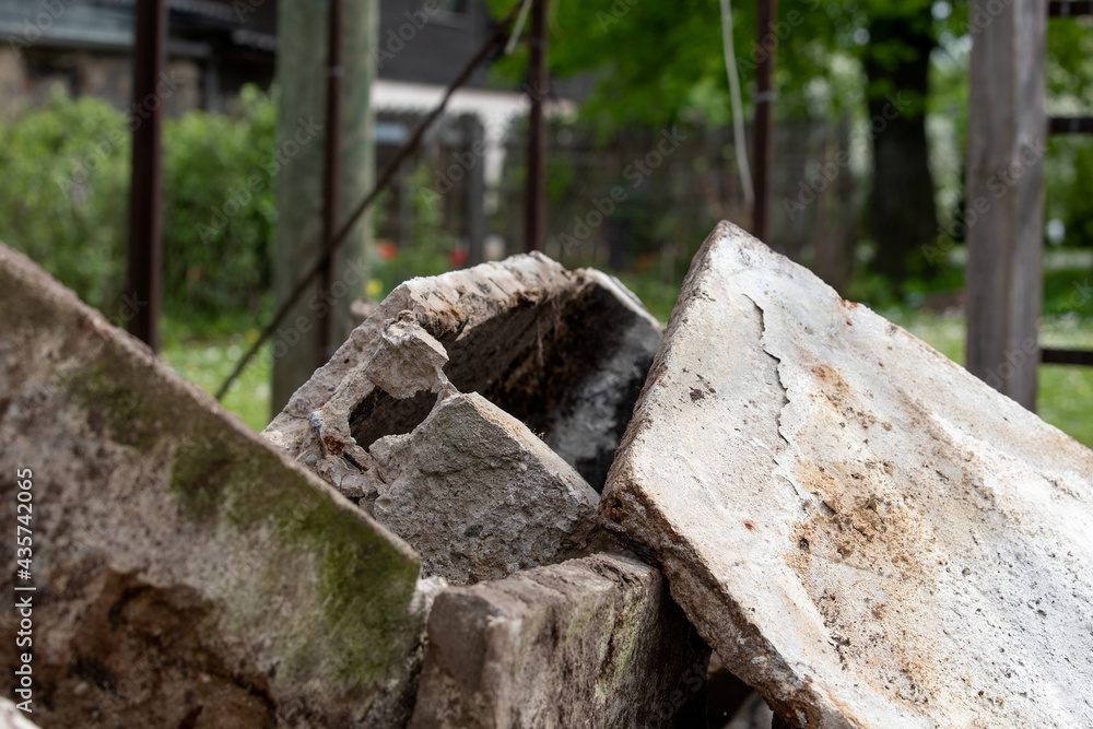Concrete debris. Construction waste pile, collection and recycling Concrete debris. Construction waste pile, collection and recycling