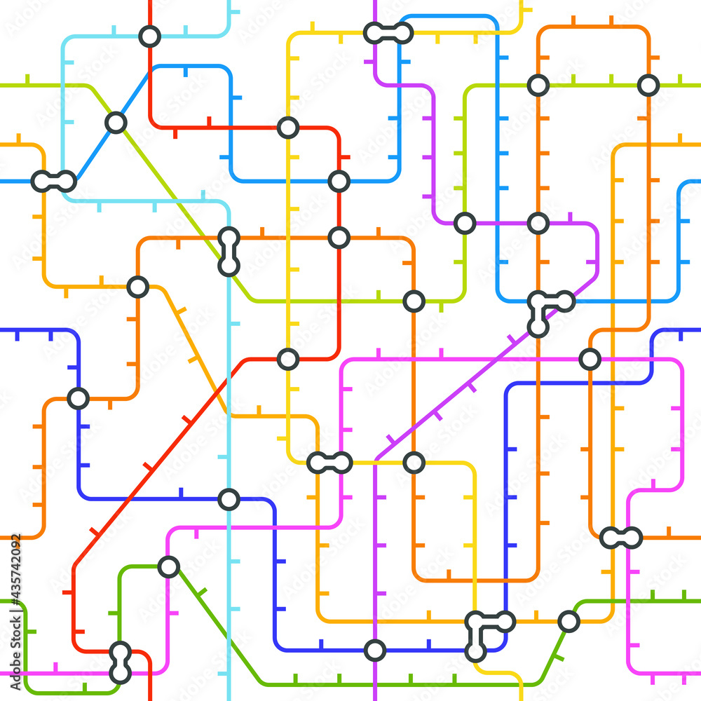 Abstract metro map in shape of circle. Vector subway underground scheme. City transportation diagram concept. Colorful metro journey for poster design.