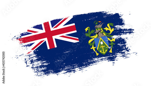 Flag of Pitcairn Islands country on brush paint stroke trail view. Elegant texture of national country flag
