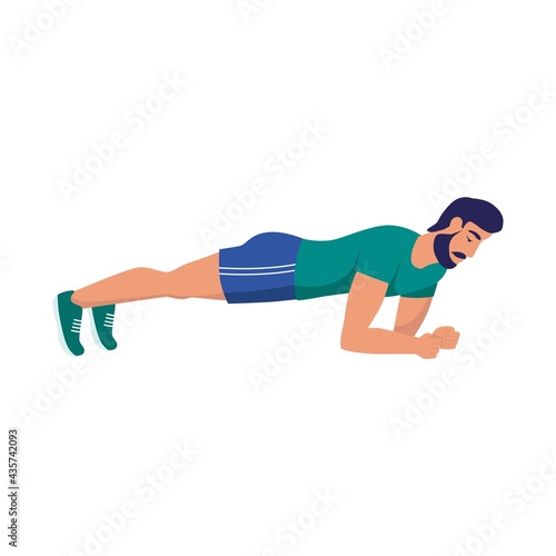 A young man stands in the plank. Sports at home, street workout, healthy lifestyle. Flat cartoon vector illustration.