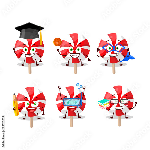 School student of red white peppermint lolipop cartoon character with various expressions