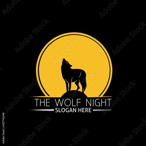 A wolf sitting on the rock under the moonlight, design logo Ilustration. 