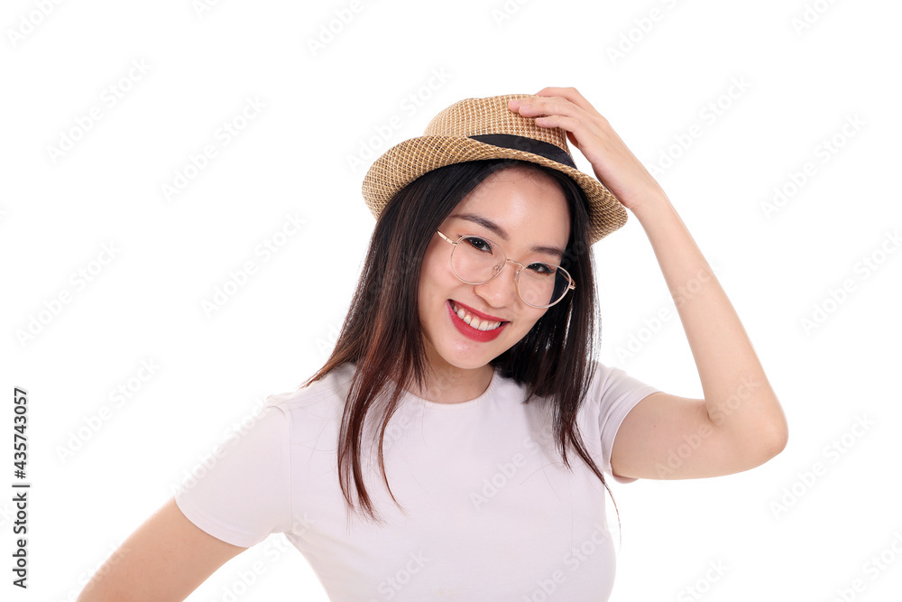 Beautiful young south east Asian woman wearing eyewear golden frame glasses hat pose fashion style white background hand on hat head Beautiful young south east Asian woman wearing eyewear golden frame glasses hat pose fashion style white background hand on hat head