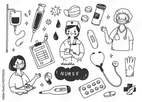 Nurse and medical kits doodle