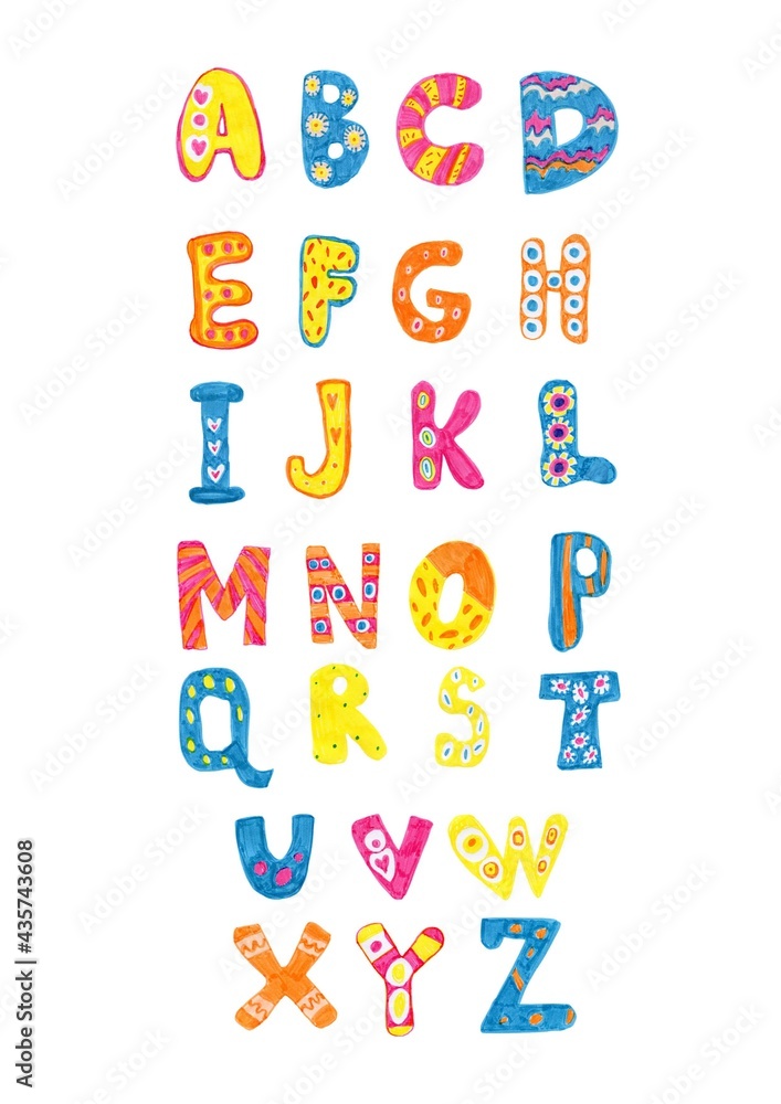 Alphabet hand-handed marker cute children's in the style of the 60's Alphabet hand-handed marker cute children's in the style of the 60's