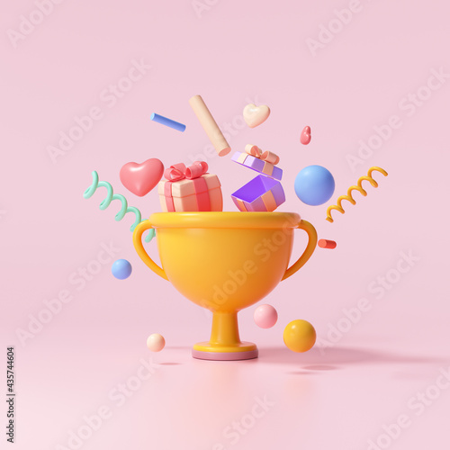 3D Trophy cup with floating gift, heart, ribbon and geometric shapes on pink background, celebration, winner, champion and reward concept. 3d render illustration photo