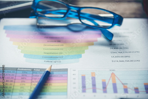 Office laptop business financial document chart and graph on wooden table with coffee cup. Flat lay notebook computer laptop on office desk. No people business graph chart mockup on business workspace