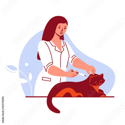 A female doctor gives an injection to a cat. Pet care treatment. Vector illustration in flat cartoon style.