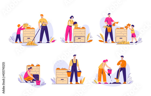 Compost bin with bio-recycling of waste. A pile of waste for organic fertilizers. Gardeners people next to the box. Set of vector illustrations in flat style.