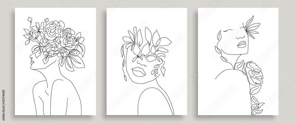 Elegant Woman Faces with Flowers One Line Art Style Drawing. Continuous ...
