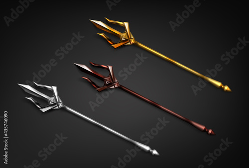 Poseidon tridents, marine God Neptune weapon of gold, silver and bronze colors. Sharp pitchforks decorated with ornamental forgery. Isolated forks on black background. Realistic 3d vector illustration