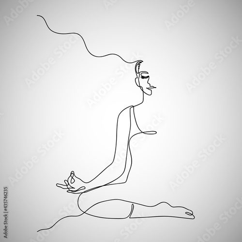 Woman sitting cross legged meditating Continuous one line, Half body, Open head. Vector illustration minimalism style.
