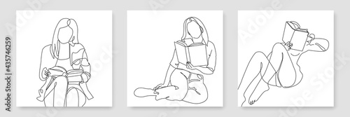 Women with Books Continuous One Line Drawing. Woman Reading One Line Illustration. Education Concept Line Abstract Minimalist Contour Drawing. Vector EPS 10