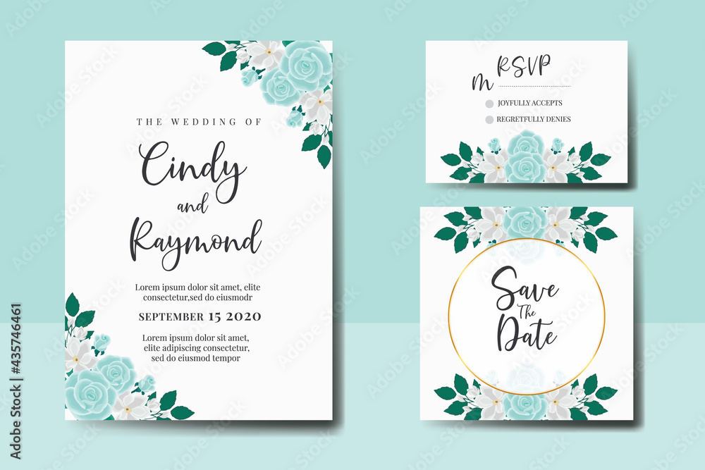 Wedding invitation frame set, floral watercolor hand drawn Rose with Magnolia Flower design Invitation Card Template