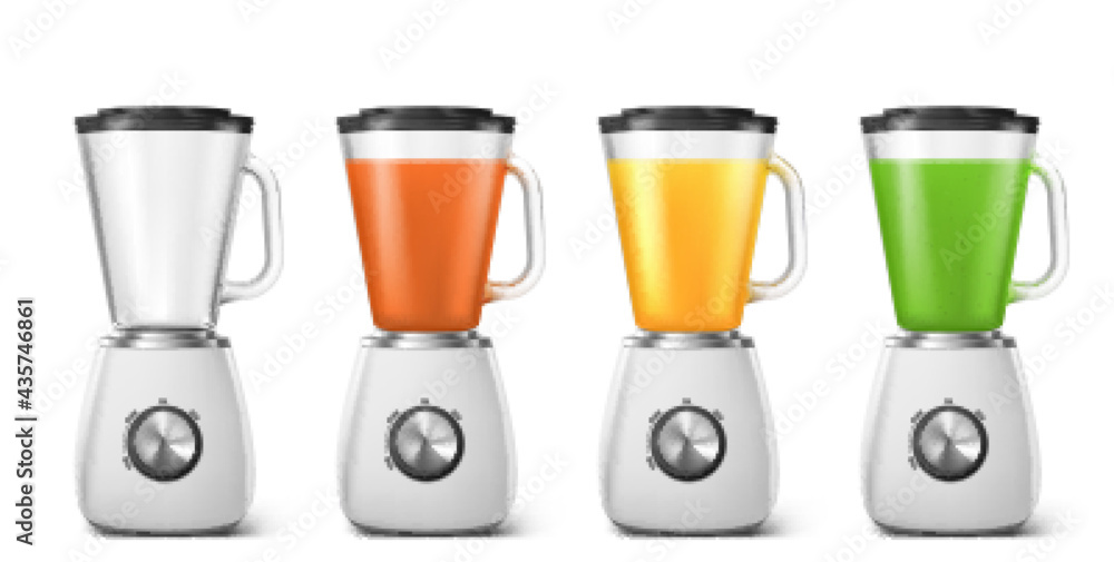 Blender, mixer for juice and smoothie. Electric kitchen machine for blend  smoothie, juice and shakes. Vector realistic set of 3d juicers with empty  glass jar and fresh fruit drinks Stock Vector