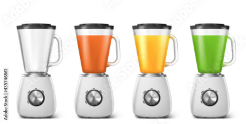 Blender, mixer for juice and smoothie. Electric kitchen machine for blend smoothie, juice and shakes. Vector realistic set of 3d juicers with empty glass jar and fresh fruit drinks