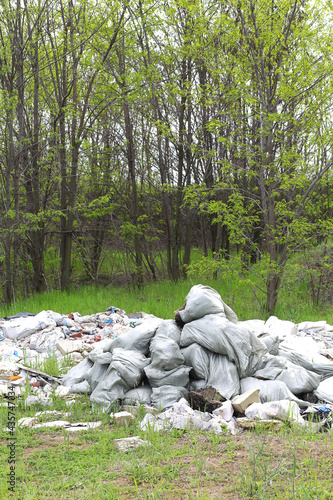 Construction waste in the forest, environmental pollution of nature. Garbage, waste, trash in nature in the forest.