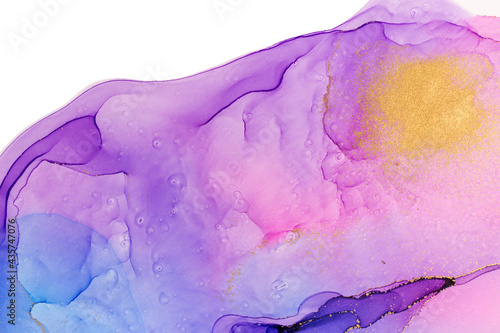 Abstract watercolor pink and violet gradient sunrise sky imitation with gold glitter.