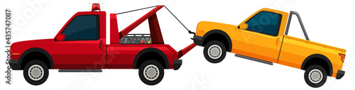 Tow truck pulling yellow car on white background