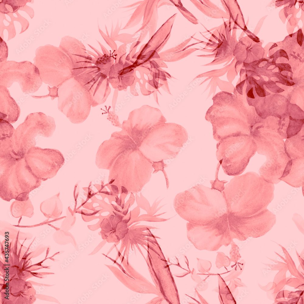 Coral Hibiscus Painting. Pink Flower Leaf. Blur Seamless Background. Fuchsia Watercolor Illustration. Pattern Leaves.Tropical Foliage. Exotic Decor.Nature Set. Coral Hibiscus Painting. Pink Flower Leaf. Blur Seamless Background. Fuchsia Watercolor Illustration. Pattern Leaves.Tropical Foliage. Exotic Decor.Nature Set.