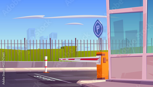 Parking security entrance with automatic car barrier, guardian booth, stop line and road sign. City guard system for automobile park, closed private area access with fence, Cartoon vector illustration