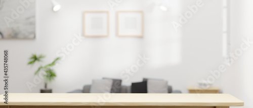 Empty wooden table in living room, wooden desk with copy space, 3D rendering