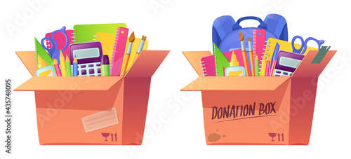 School stationery in cardboard box. Volunteering donate, charity aid for poor. Education supplies for children study. Vector cartoon donation box with backpack, notebooks, pens, pencils and rules
