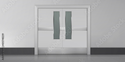 Doors in laboratory, kitchen, hospital or school corridor. Empty interior with double metal doorway with rectangular windows, hall with white walls and tiled floor, Realistic 3d vector illustration