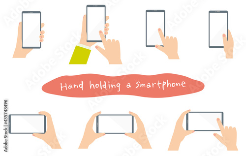 スマートフォンを操作する手のイラストセット　男性　フラットデザイン　Hand holding smartphone