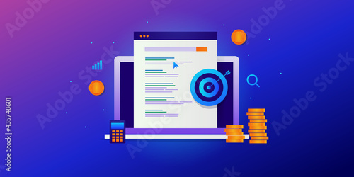 PPC service. Targeting Search engine user with successful pay per click advertising campaign. Search engine page displaying ads on relevant search term. PPC marketing concept.