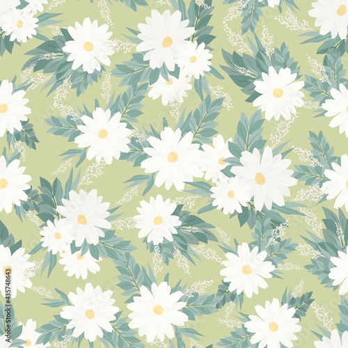 Seamless pattern. Set of bouquets of beautiful spring flowers. White flowers  leaves and branches. Flat isolated vector illustration.