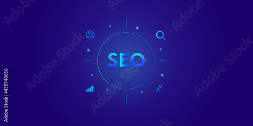 SEO targeting on blue background concept. SEO text with glowing gradient, Digital marketing and targeting website traffic concept. 