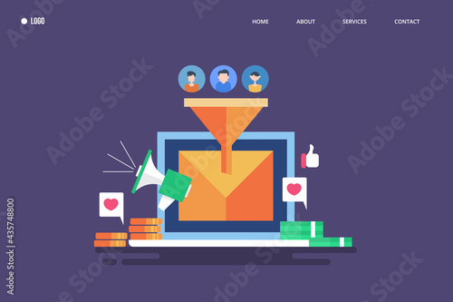 Successful email conversion. Email marketing campaign, customer conversion with sales funnel. prospect clients going through marketing funnel before purchase decision. Flat design web banner.