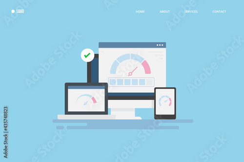 Website speed optimization, SEO coding and web hosting performance, high performing content delivery network page speed on mobile device. Flat design landing page banner.  