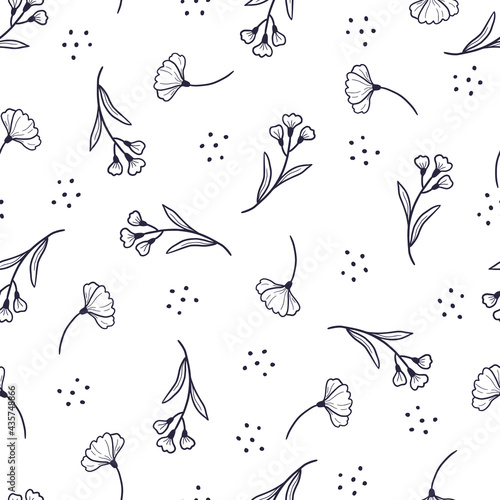 Hand drawn seamless floral pattern with simple little flower branch. Doodle sketch line style. Vector illustration for nature foliage wallpaper, background, textile design..