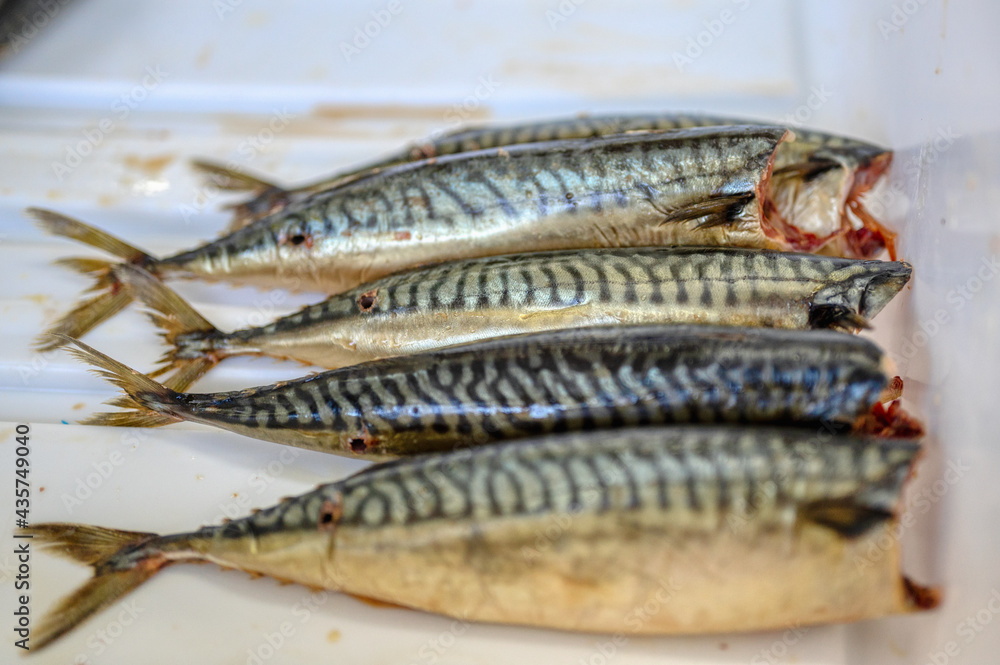 Lots of smoked mackerel carcasses. The fish lies in a heap in a white plastic box.