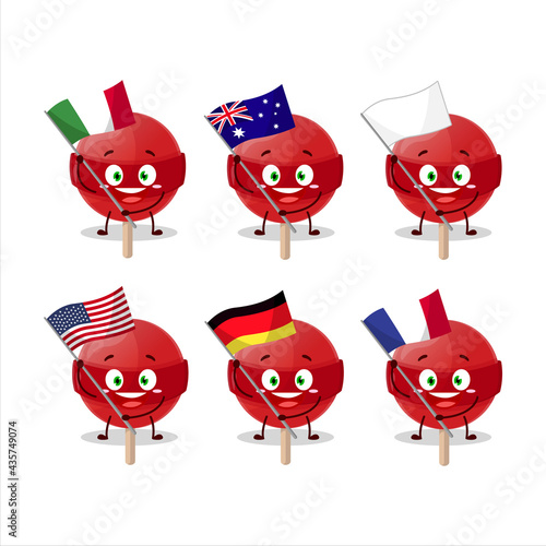 Red lolipop cartoon character bring the flags of various countries