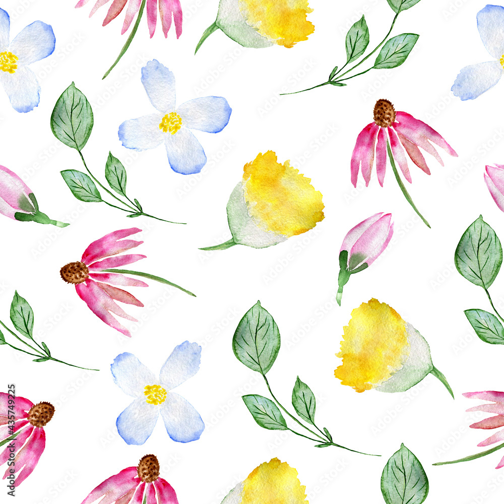 Seamless floral pattern. Watercolor background with flowers. Colorful flowers. Illustration for fabric and wrapping paper.