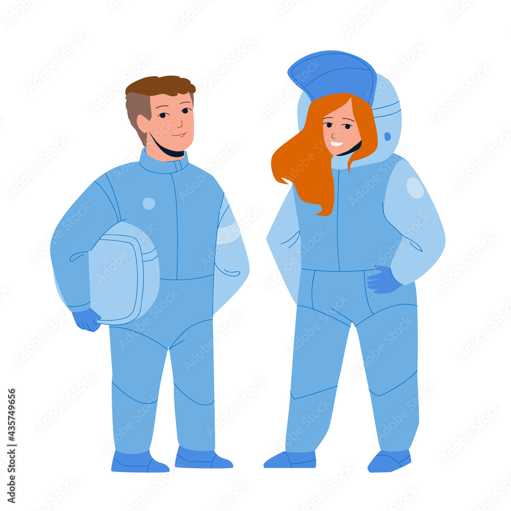 Astronaut Children Couple In Space Suit Vector. Astronaut Children Boy And Girl Future Work. Characters Teenagers Profession Dreaming For Adventure And Discover Flat Cartoon Illustration
