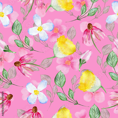 Seamless floral pattern. Watercolor background with flowers. Colorful flowers. Illustration for fabric and wrapping paper.