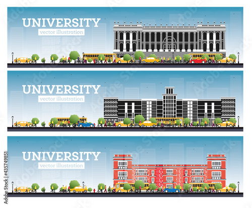 University Campus Set. Study Banners. Vector Illustration. Students Go to the Main Building of University.