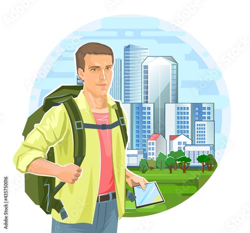 Cute boy tourist with a tablet navigator. Backpack. Against the backdrop of a beautiful landscape. Modern city, suburb. A man in travel. Flat style. Adventure. Illustration. Vector