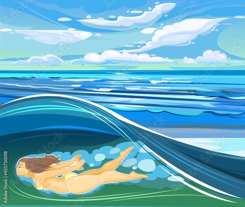 A beautiful girl dives into the light sea water and floats in the wave. Flat style. Seascape with distance, horizon and sky. Vector.