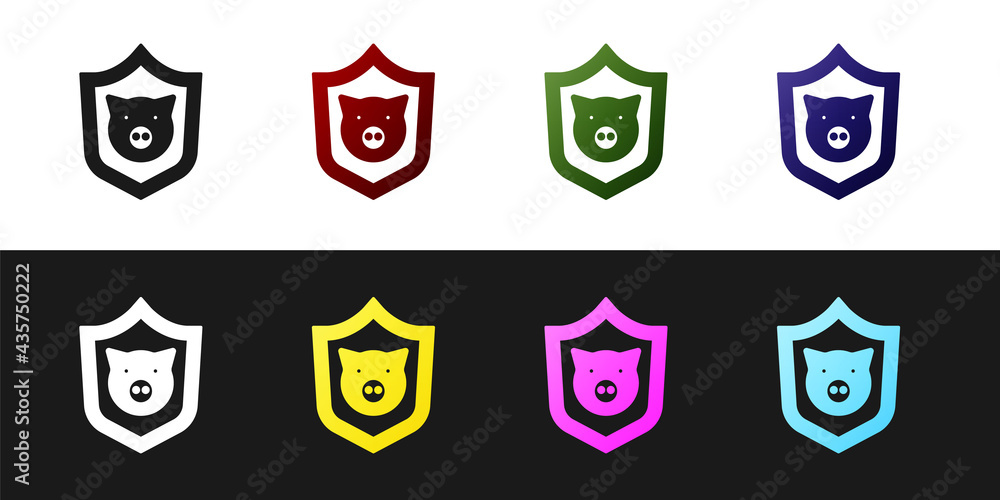 Set Shield with pig icon isolated on black and white background. Animal symbol. Vector Set Shield with pig icon isolated on black and white background. Animal symbol. Vector