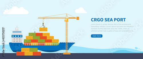 Crane loads cargo on to cargo barge. Banner or landing page worldwide cargo