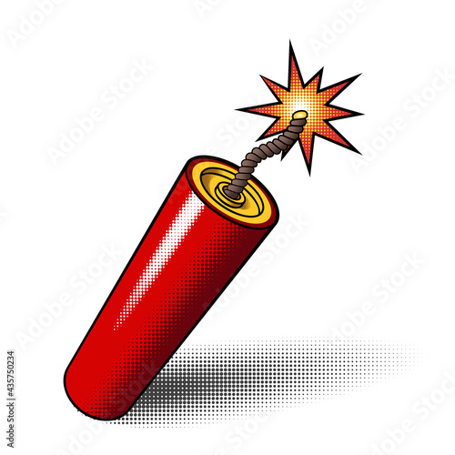 Red dynamite stick icon with burning explosive fuse and halftones isolated on white background. Vector illustration