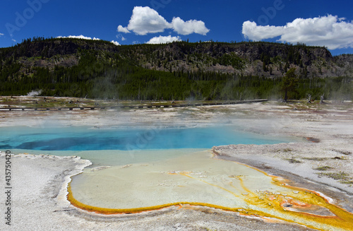 the colorful microbial mat and the blue waters of the sapphire pool hot springs on a sunny summer day in the biscuit basin in yellowstone national park in wyoming