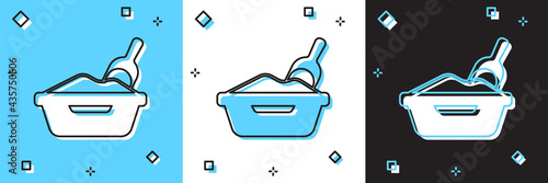 Set Cat litter tray with shovel icon isolated on blue and white, black background. Sandbox cat with shovel. Vector